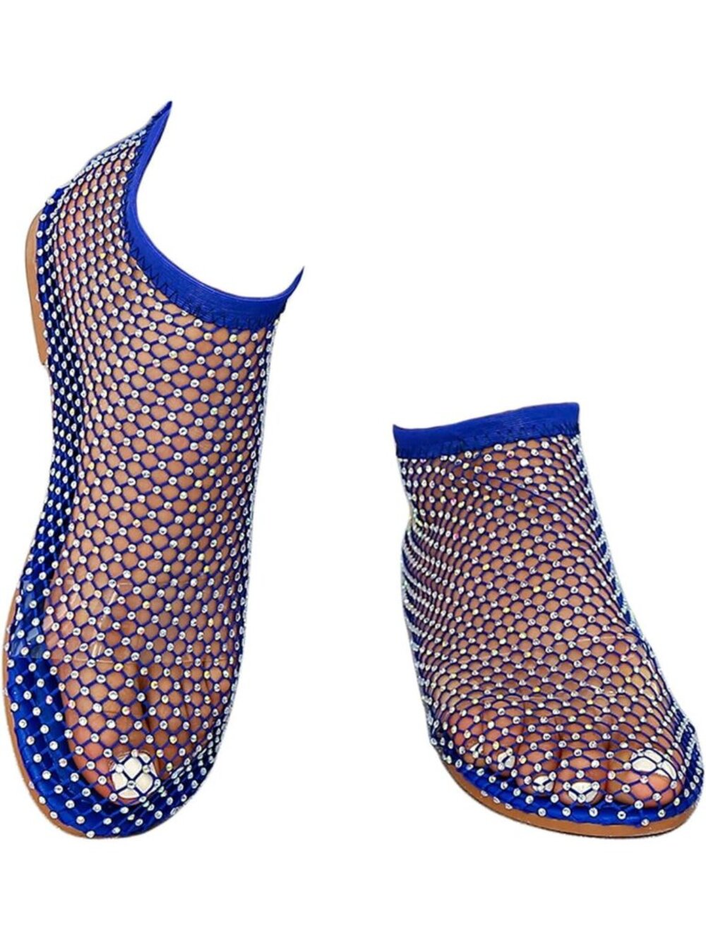 Women's Blue Mesh Comfortable Fishnet Low Heel Slip on Rhinestone Flats Shoes